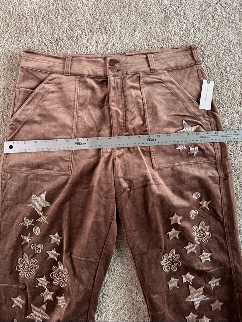 Pilcro Velvet Embroidered Beaded Star & Flower Barrel Pants Western Boho Size 32 - Picture 8 of 10